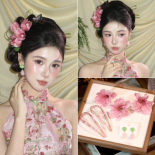 新娘头饰新中式头花甜美郁金香造型盘结婚礼服旗袍晨袍敬酒服发饰