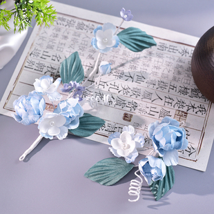 2025新款原创浅蓝色绢花新中式超仙手工古典舞丸子头软簪头饰百搭