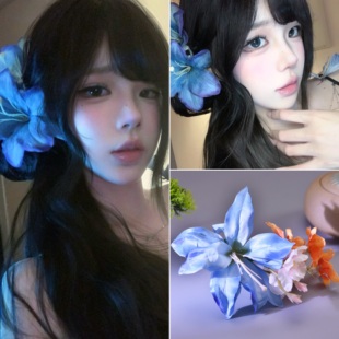 氛围感蓝色百合绢花花朵抓夹超仙唯美盘发大号发叉发抓头饰拍照