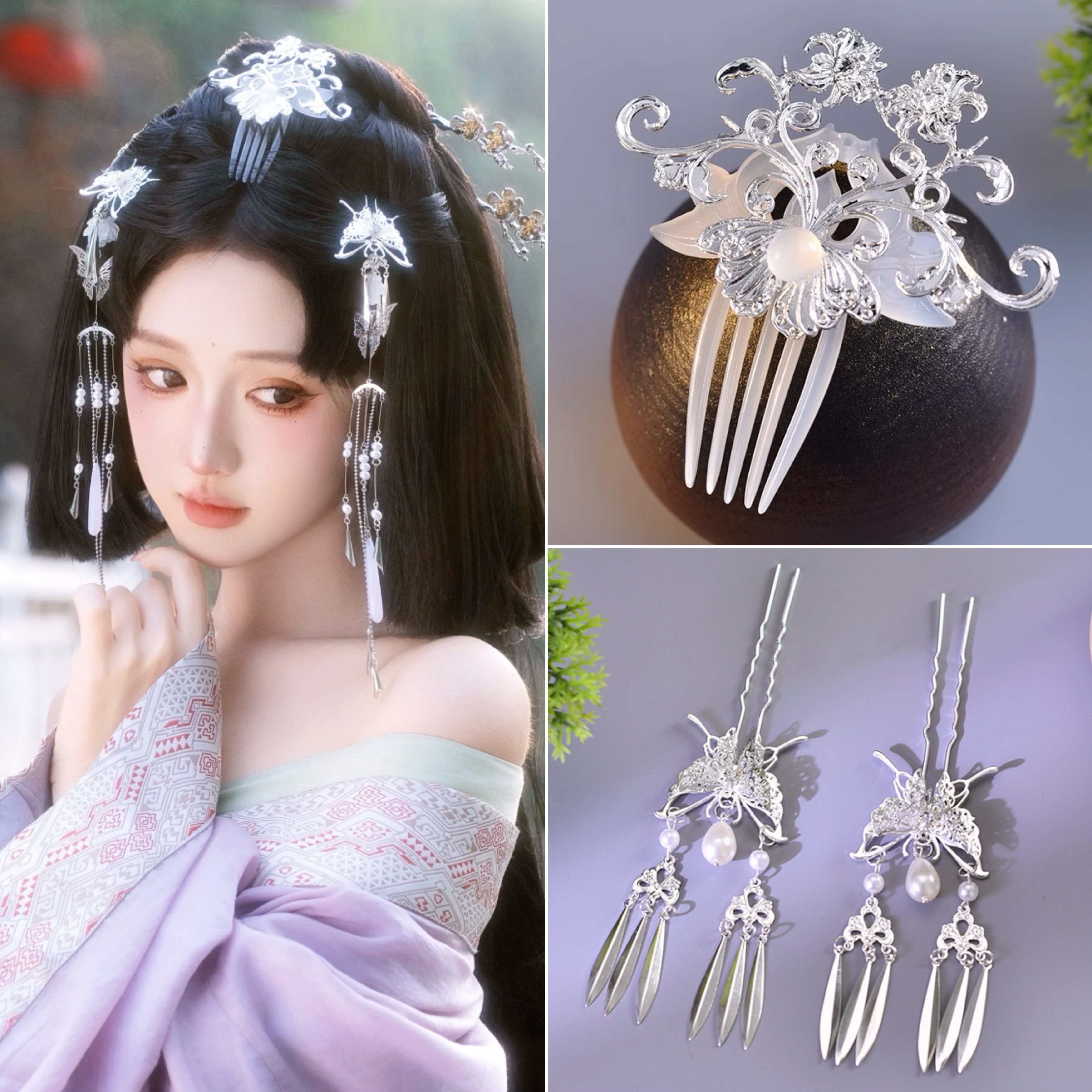 新战国袍头饰古风汉服银色发饰秦汉魏晋风后压发夹步摇簪发钗配饰