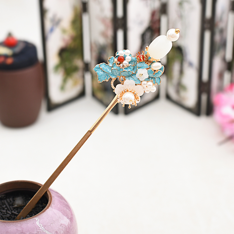 古风原创手工汉服旗袍发簪牡丹玉珠盘发头饰仿烧蓝发饰牡丹饰品
