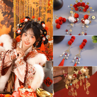 小财神新年头饰红色毛球头饰