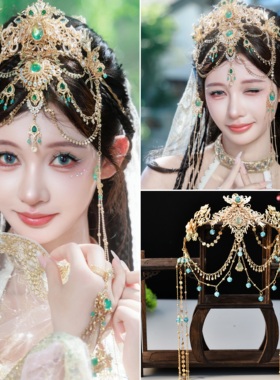 西域公主敦煌发冠重工手作复古大漠异域绿色头饰茉莉汉服配饰发饰