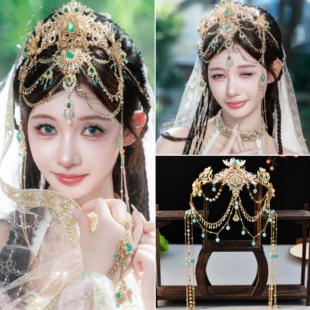 西域公主敦煌发冠重工手作复古大漠异域绿色头饰茉莉汉服配饰发饰