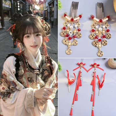 财神饰品小唐风红色飘带铜钱发叉