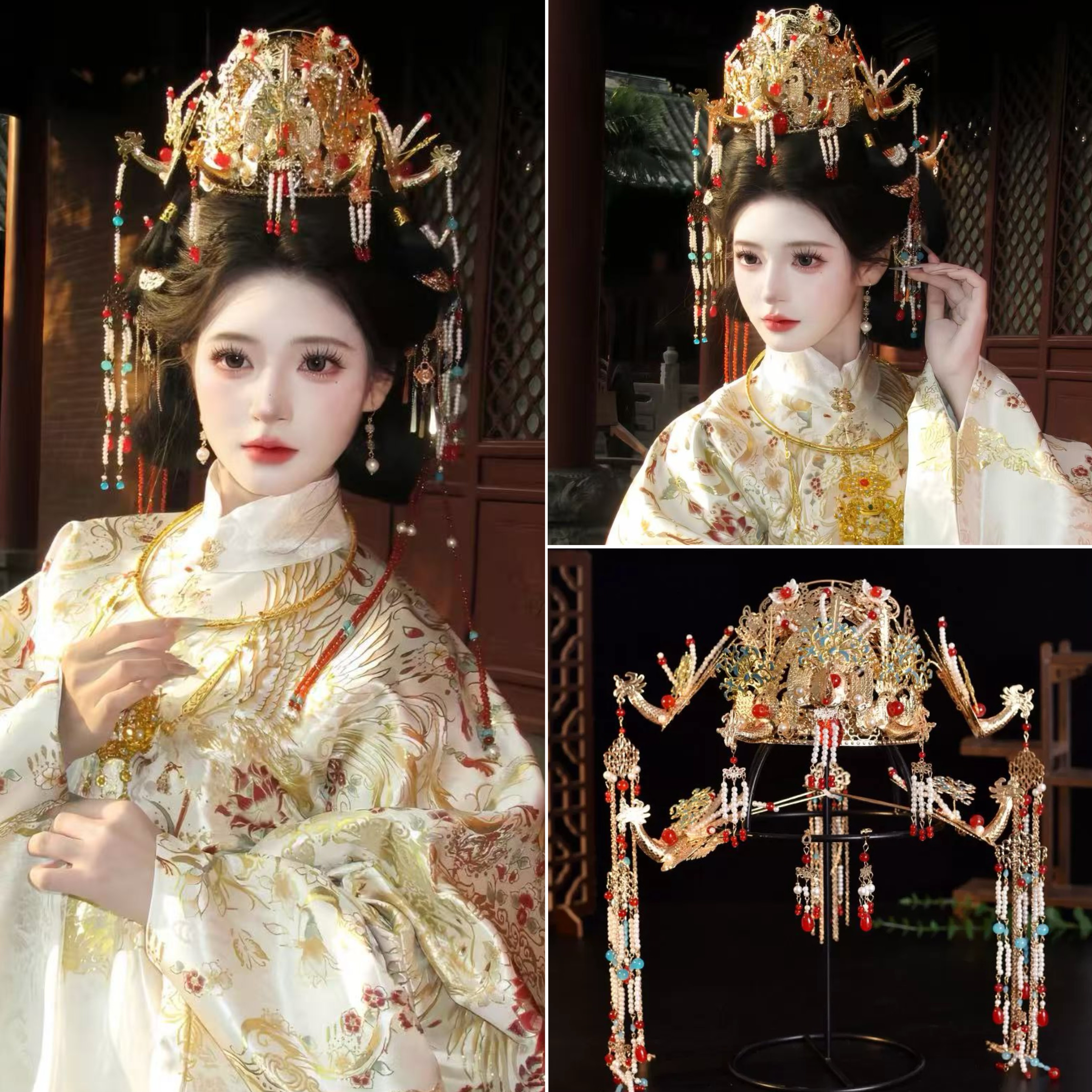 新娘婚嫁明制秀禾服奢华精致发冠汉服流苏凤冠头饰中式婚礼饰