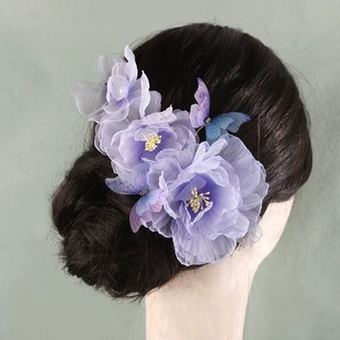 原创浅紫色发夹古风汉服旗袍国风烫花头饰发饰发夹饰品套装手工