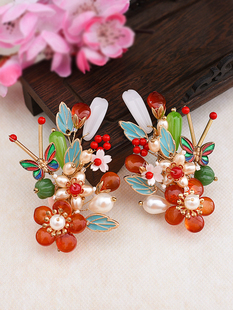 花朵烧蓝边夹汉服发夹红色重工古装造型发饰旗袍古典边夹古风头饰