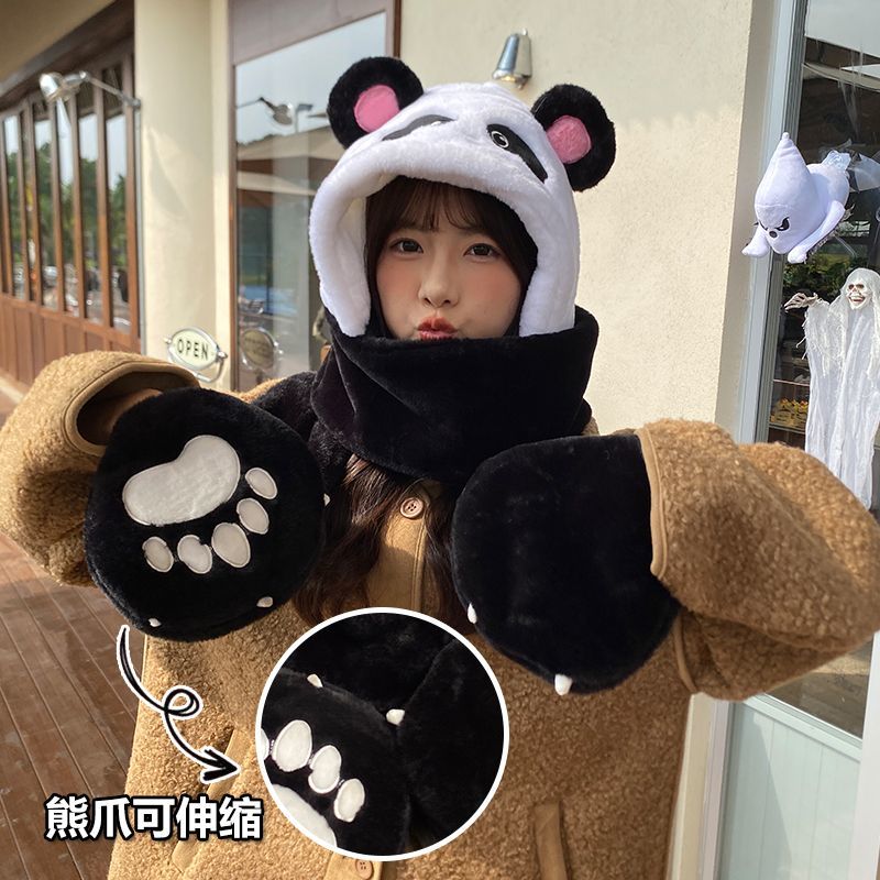 凤凰小熊猫帽子围巾一体冬季保暖三件套护颈防寒防风骑行雷锋帽