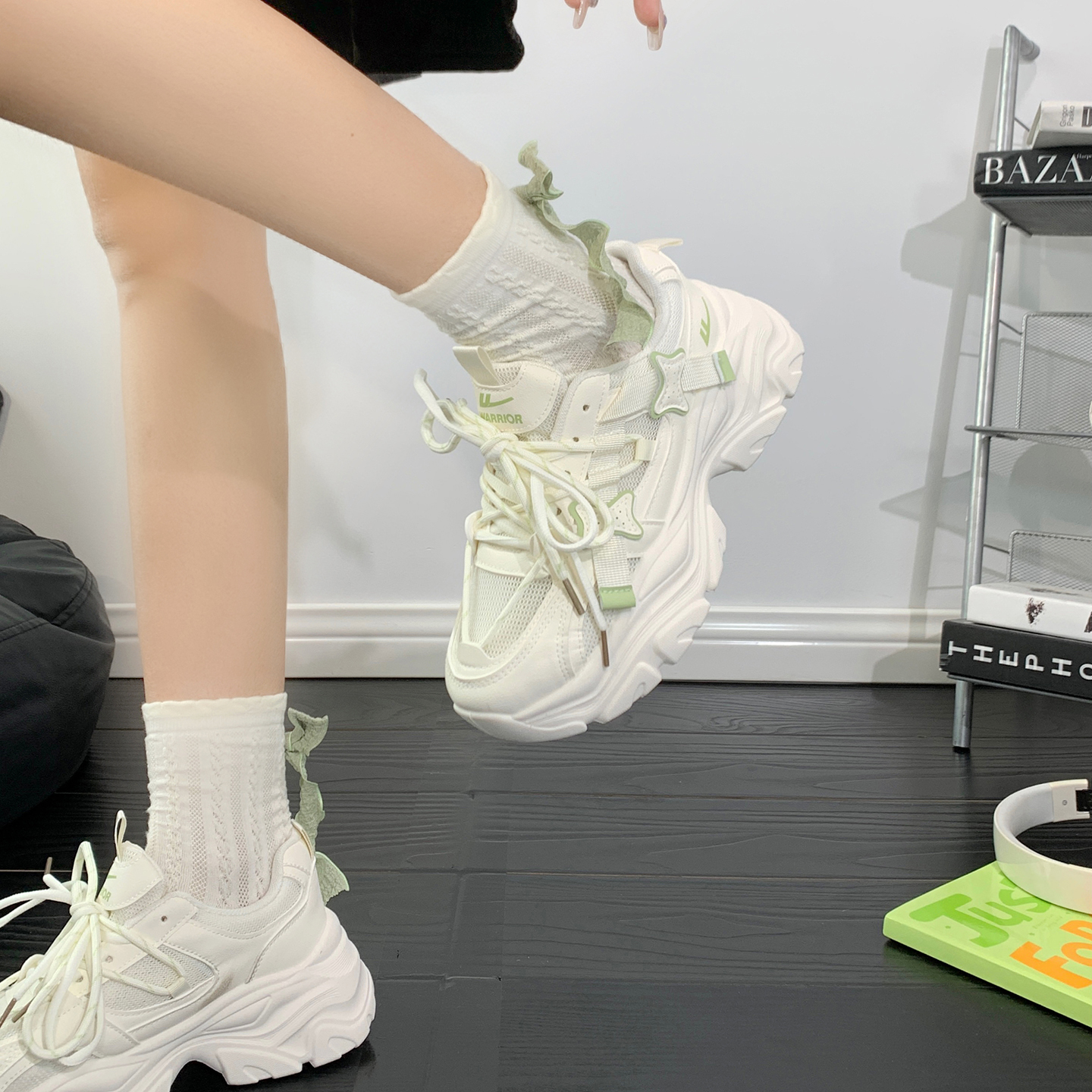 回力薄荷绿厚底老爹鞋女2025爆款网面百搭鞋子女户外运动休闲鞋女