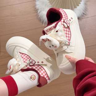 人本酒红加绒女鞋格子小白鞋女2026爆款可爱大头鞋厚底保暖二棉鞋