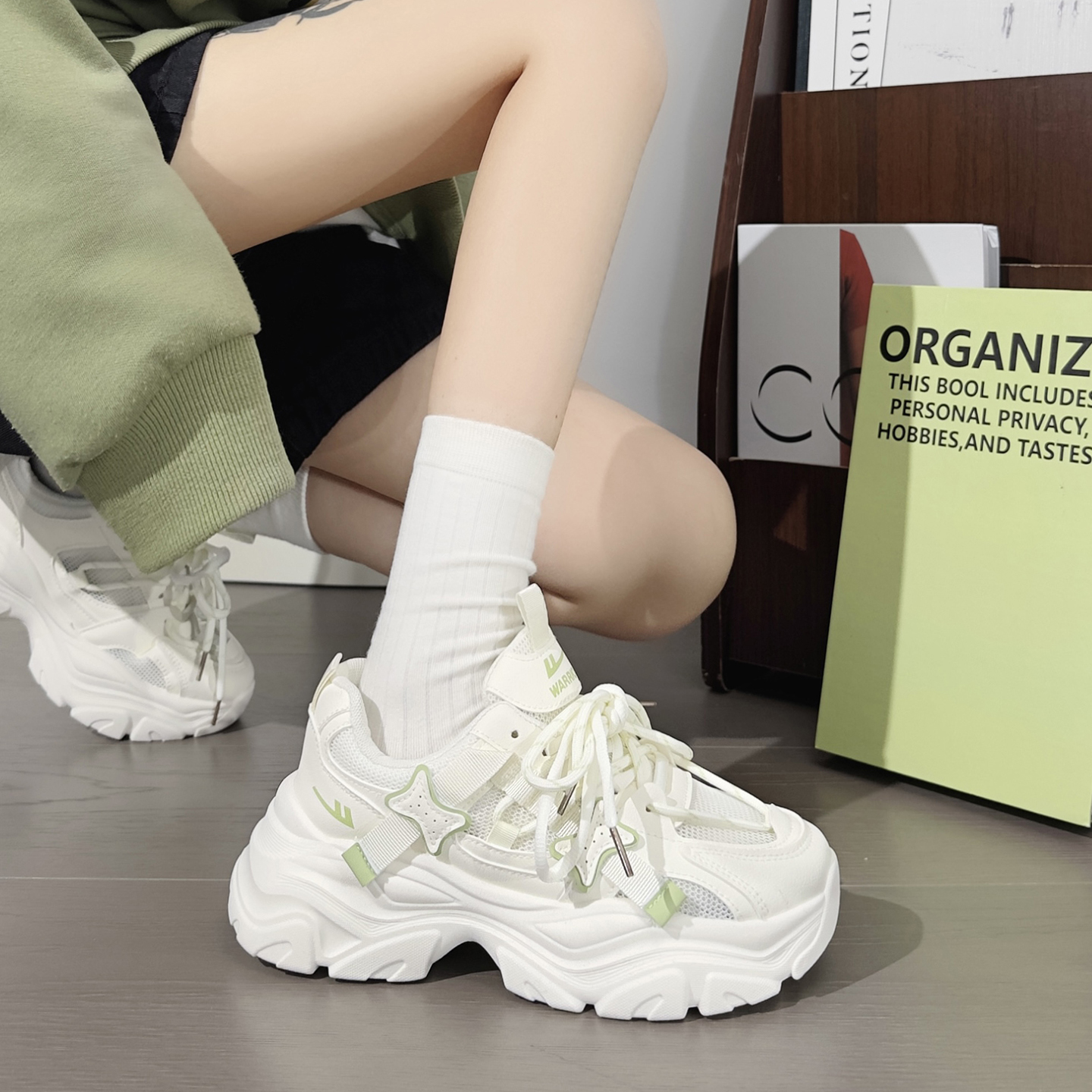 回力薄荷绿星星老爹鞋女2025爆款网面清新百搭鞋子厚底增高休闲鞋