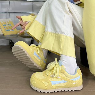 回力柠檬黄蝴蝶结德训鞋女2025爆款百搭板鞋厚底学生泡芙云朵鞋女