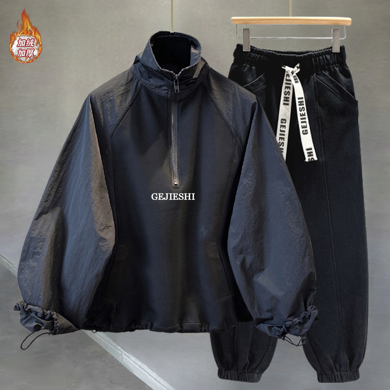 【维港奢雅男装】插肩袖半高领拉链卫衣男秋季韩版潮流刺绣纯色