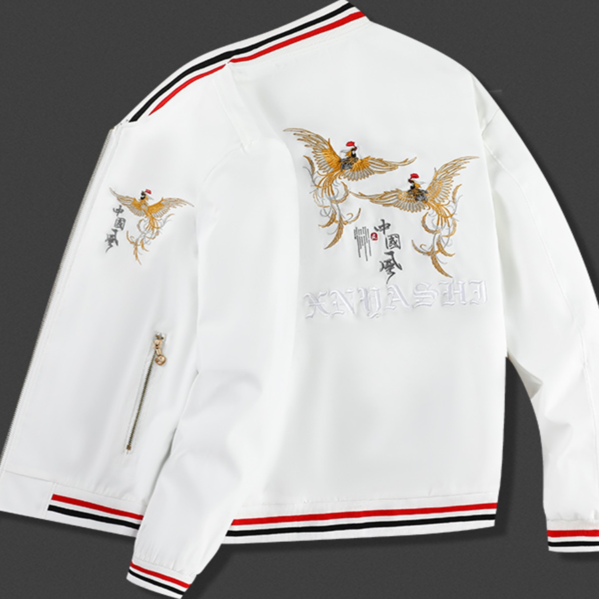 【香港·尊荣定制】仙鹤刺绣外套男春秋白色休闲棒球服韩版中国风