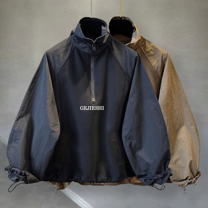 【维港奢雅男装】插肩袖半高领拉链卫衣男秋季韩版潮流刺绣纯色