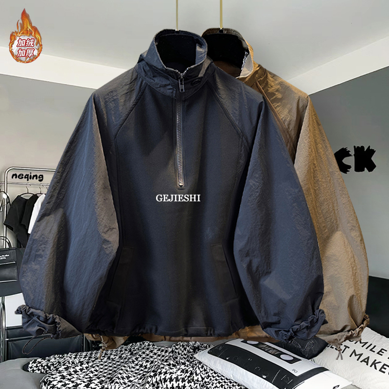 【维港奢雅男装】插肩袖半高领拉链卫衣男秋季韩版潮流刺绣纯色