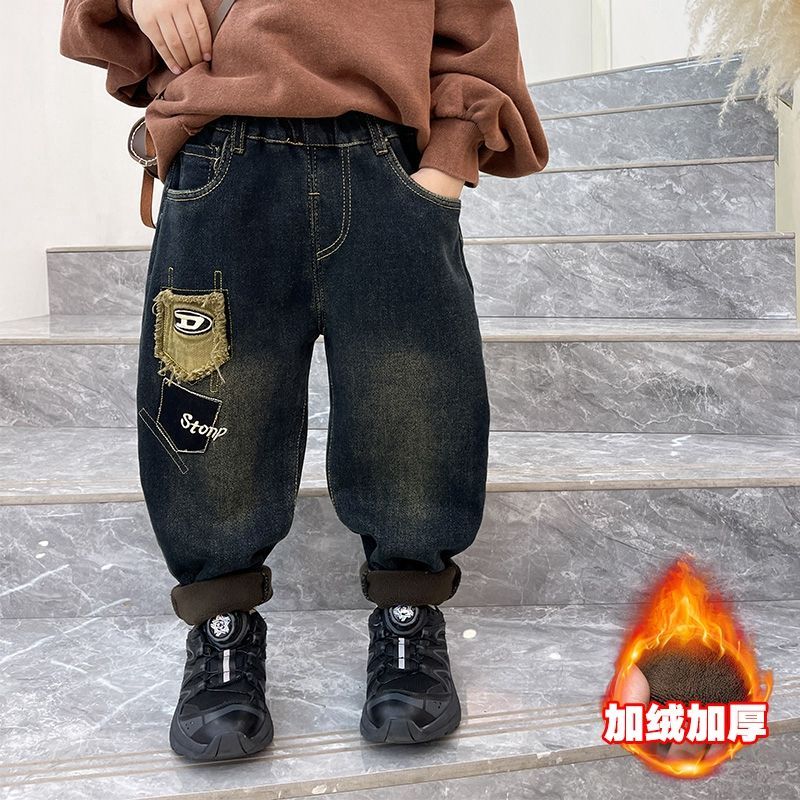 男童加绒裤子秋冬2025新款儿童一体牛仔裤宝宝冬季保暖长裤