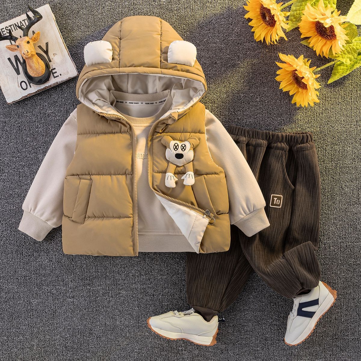 男童羽绒棉服儿童秋冬新款马甲套装女宝宝冬季加绒加厚米奇三件套