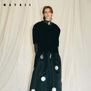 毛衣上衣小众设计轻奢原创半袖 MAYALI针织圆领幽闪中袖 搭配