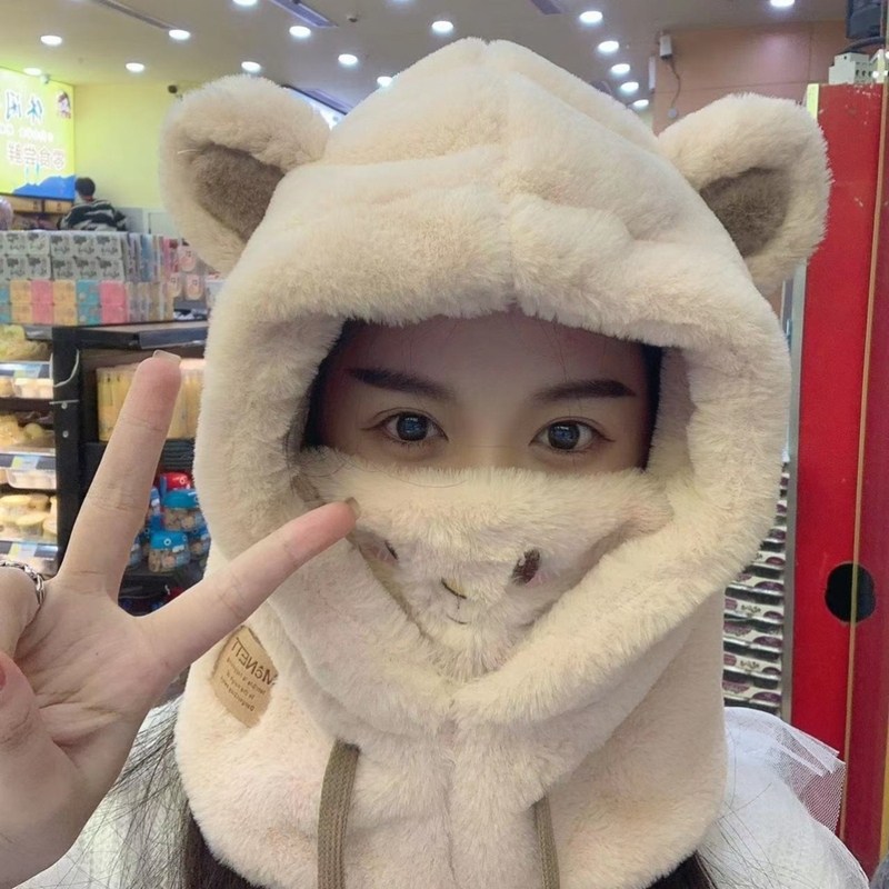 户外骑行帽子围巾一体女2025新款秋冬天保暖加绒防寒毛绒口罩围脖