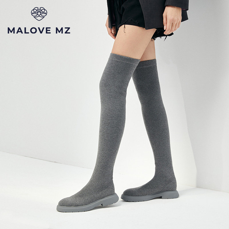 MALOVE MZ女鞋新款休闲厚底中跟圆头羊毛袜靴ins潮瘦瘦靴过膝长靴
