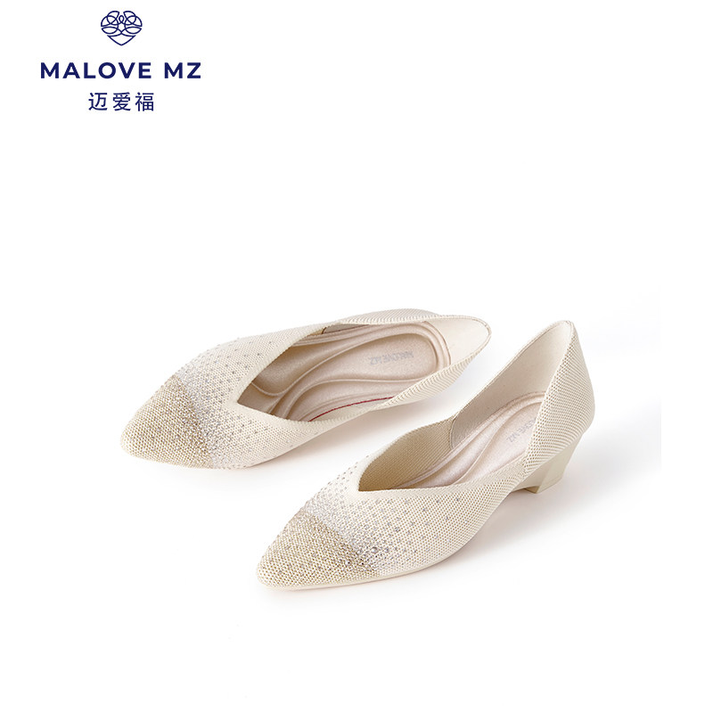MALOVE MZ王妃鞋春夏新款3.7cm坡跟香风满天星水晶尖头单鞋女