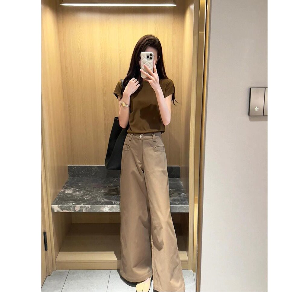 卡其色美拉德阔腿拖地牛仔裤春秋