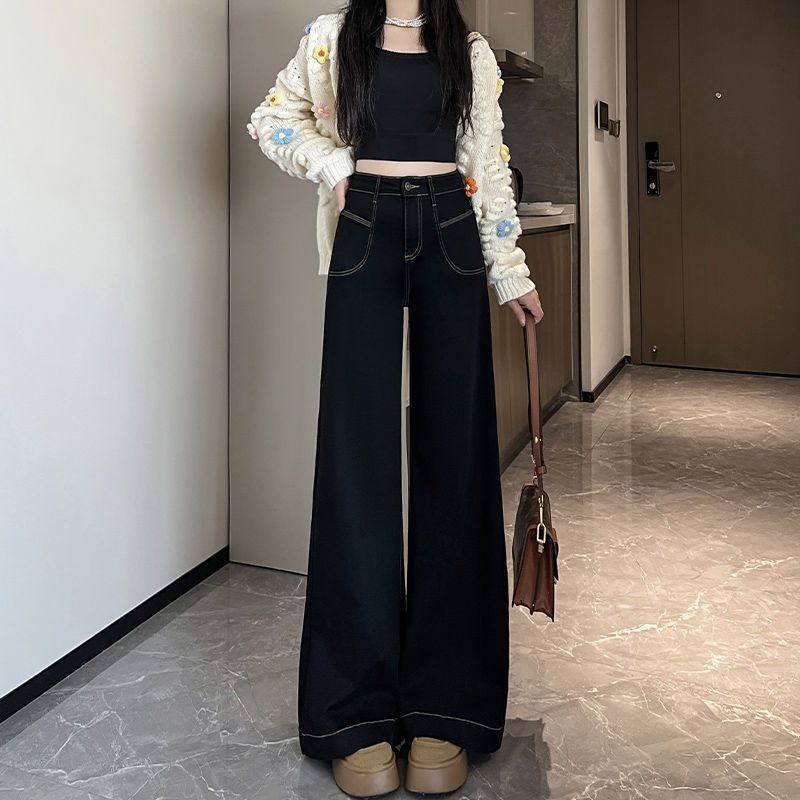 高腰黑色阔腿牛仔裤女2025夏季