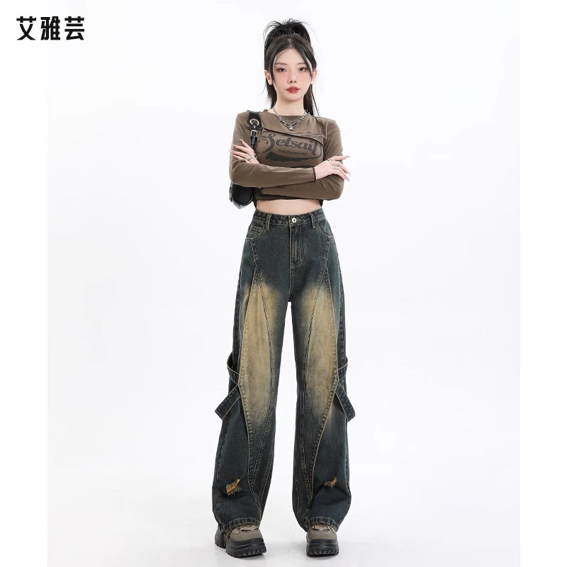 复古做旧高腰牛仔裤个性阔腿裤女图片