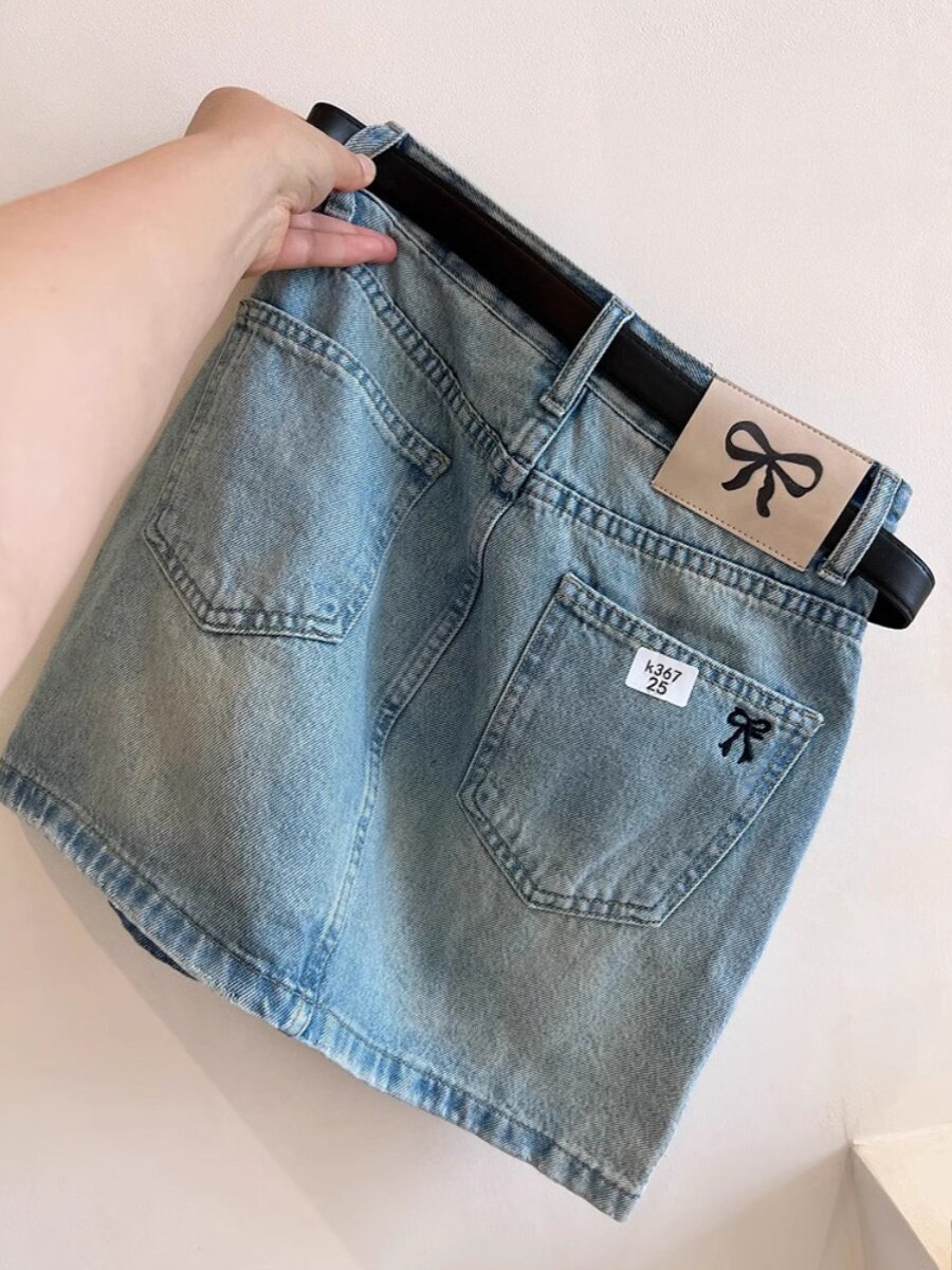 高腰牛仔半身短裙蝴蝶结设计感