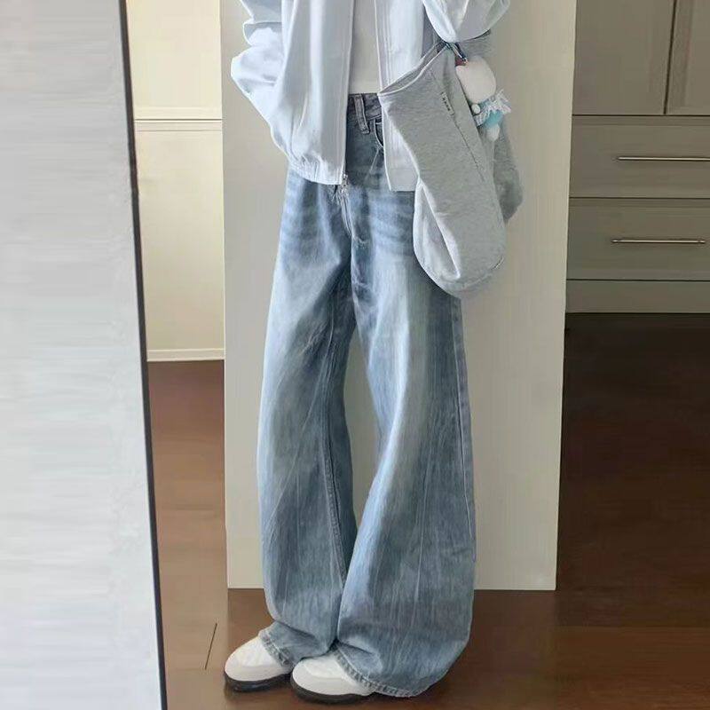 复古蓝低腰弯刀阔腿牛仔裤直筒裤