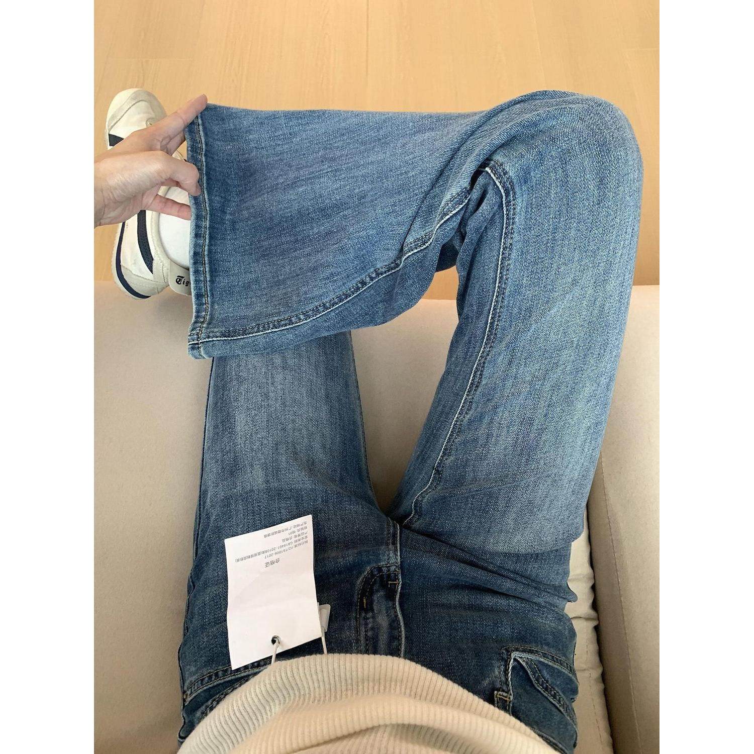 韩版微喇牛仔裤高腰弹力遮胯显瘦