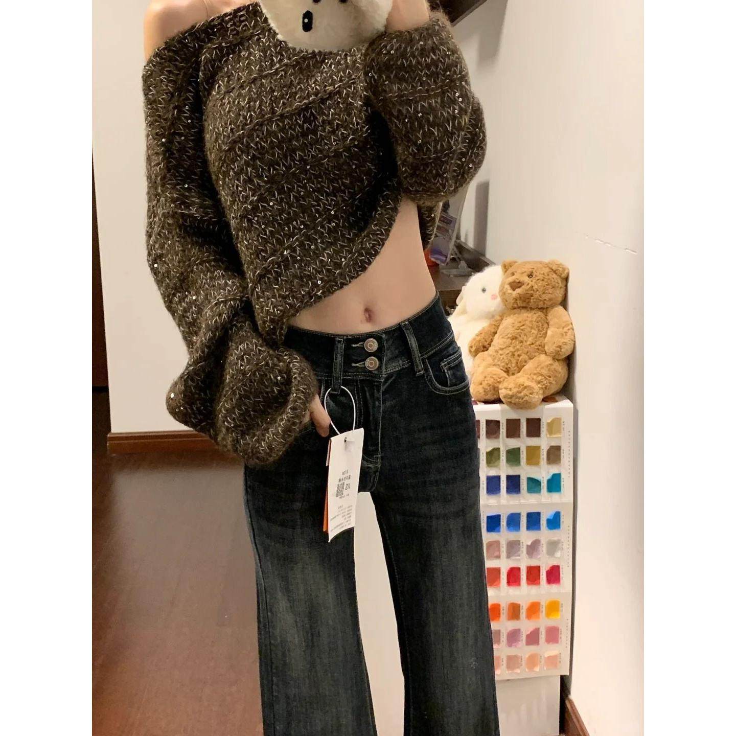 蓝灰色加绒厚复古微喇牛仔裤女