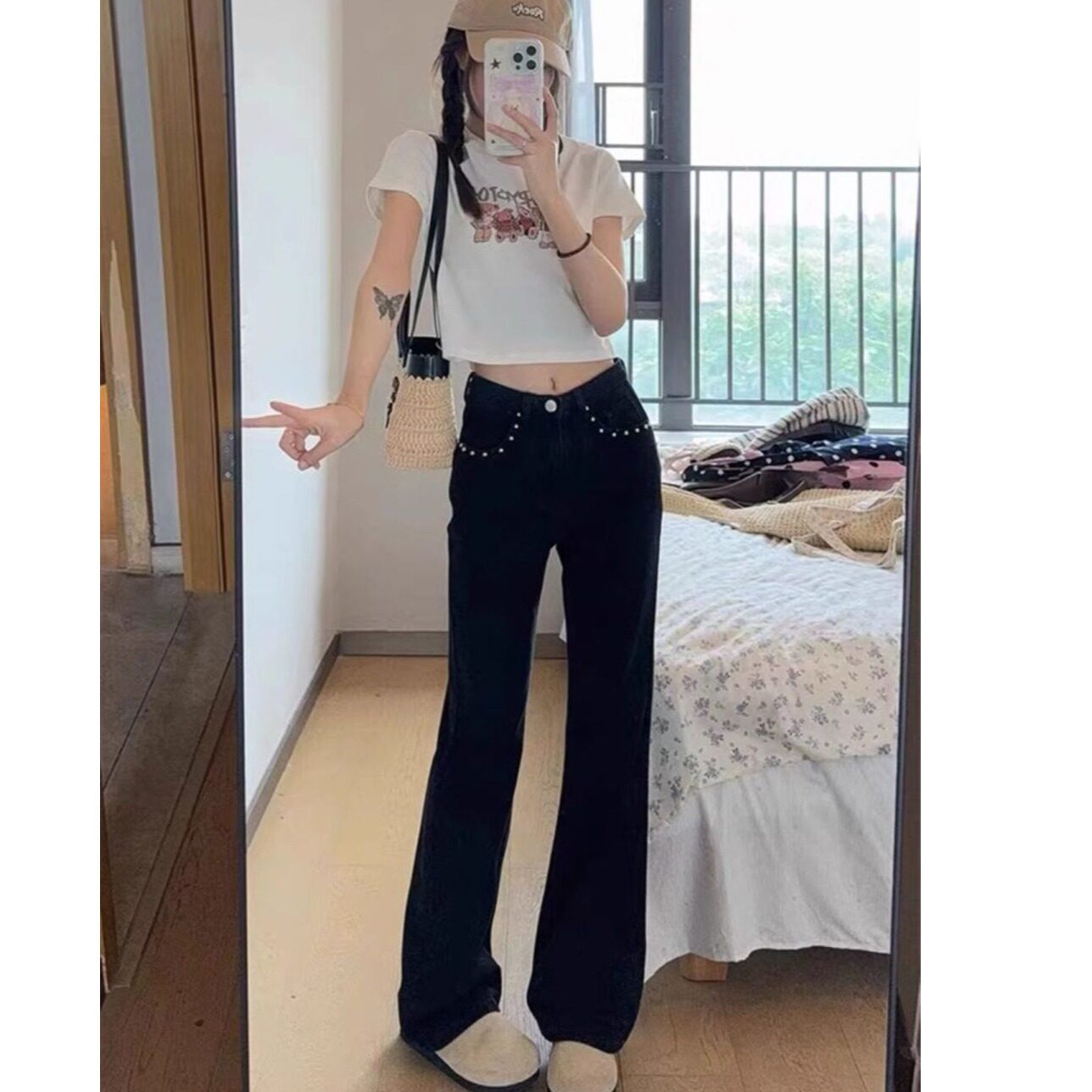 美式复古铆钉牛仔裤女黑色喇叭裤