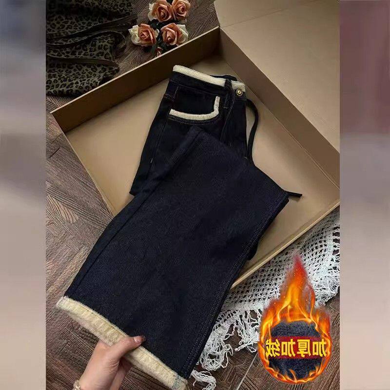复古深蓝色加绒阔腿牛仔裤慵懒
