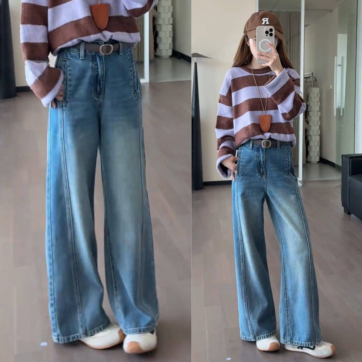 高腰显瘦弯刀阔腿牛仔裤女大码