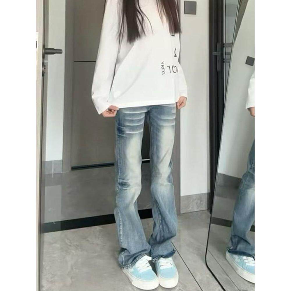 小个子浅蓝色显瘦低腰窄版直筒牛仔裤女2026年夏季新款弹力微喇裤