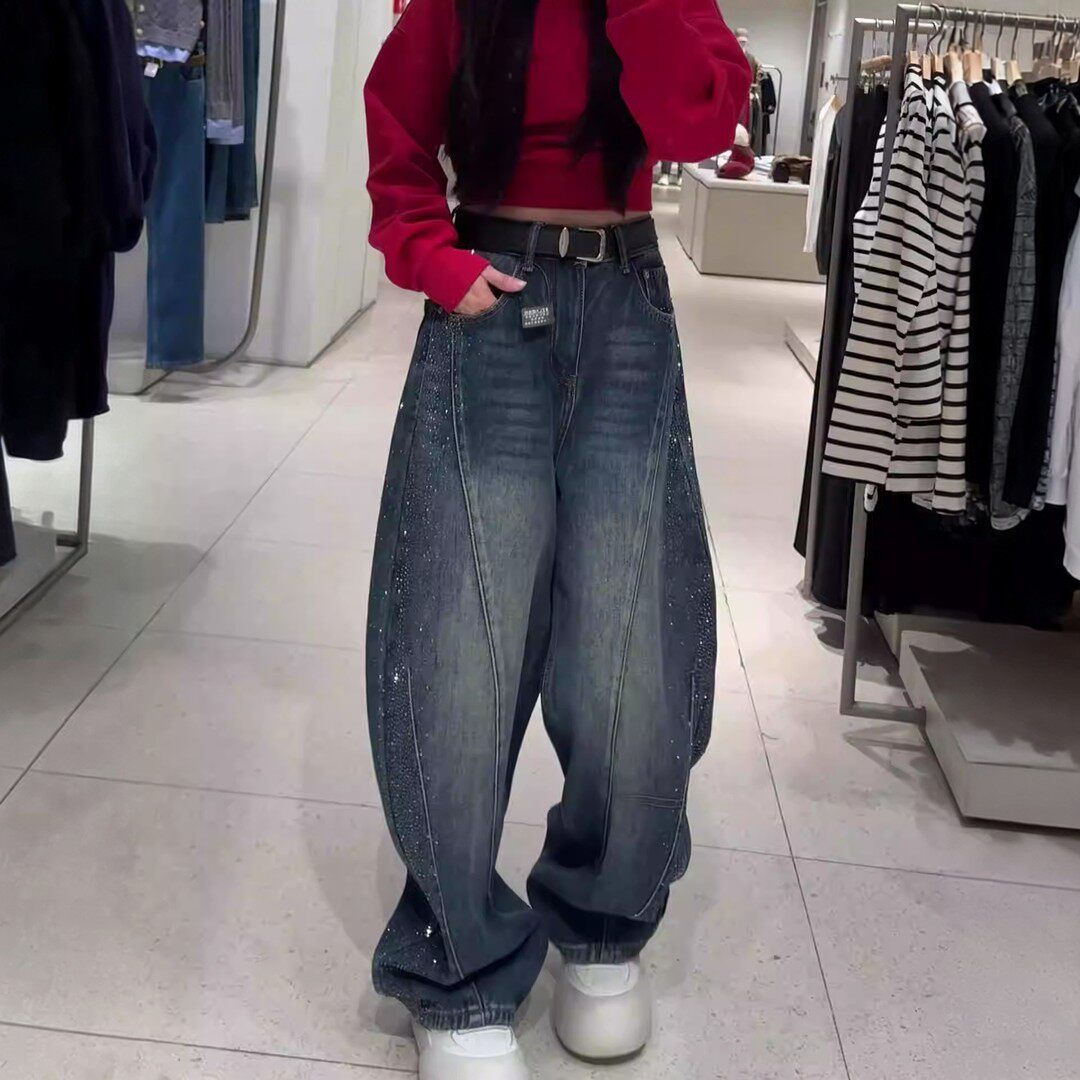 重工烫钻垂感阔腿牛仔裤女大码