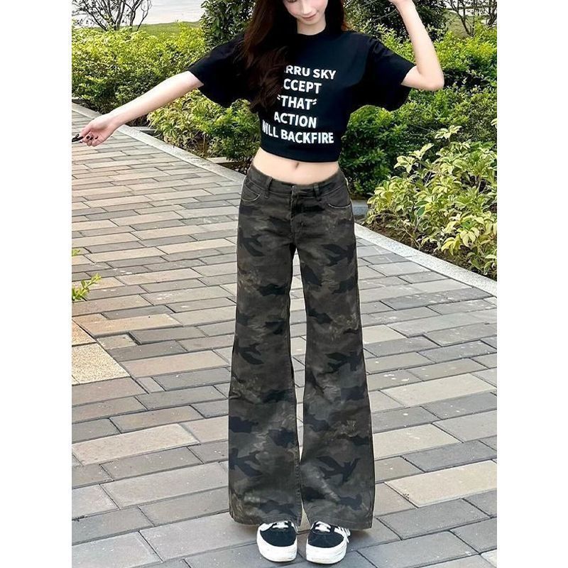小个子美式高街迷彩低腰微喇牛仔裤女辣妹夏季新款显瘦百搭马蹄裤