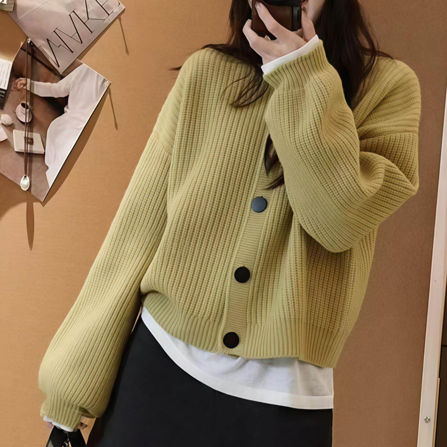 JOYIASS圆领大扣子毛衣开衫女2025新款秋季洋气宽松软糯针织衫长