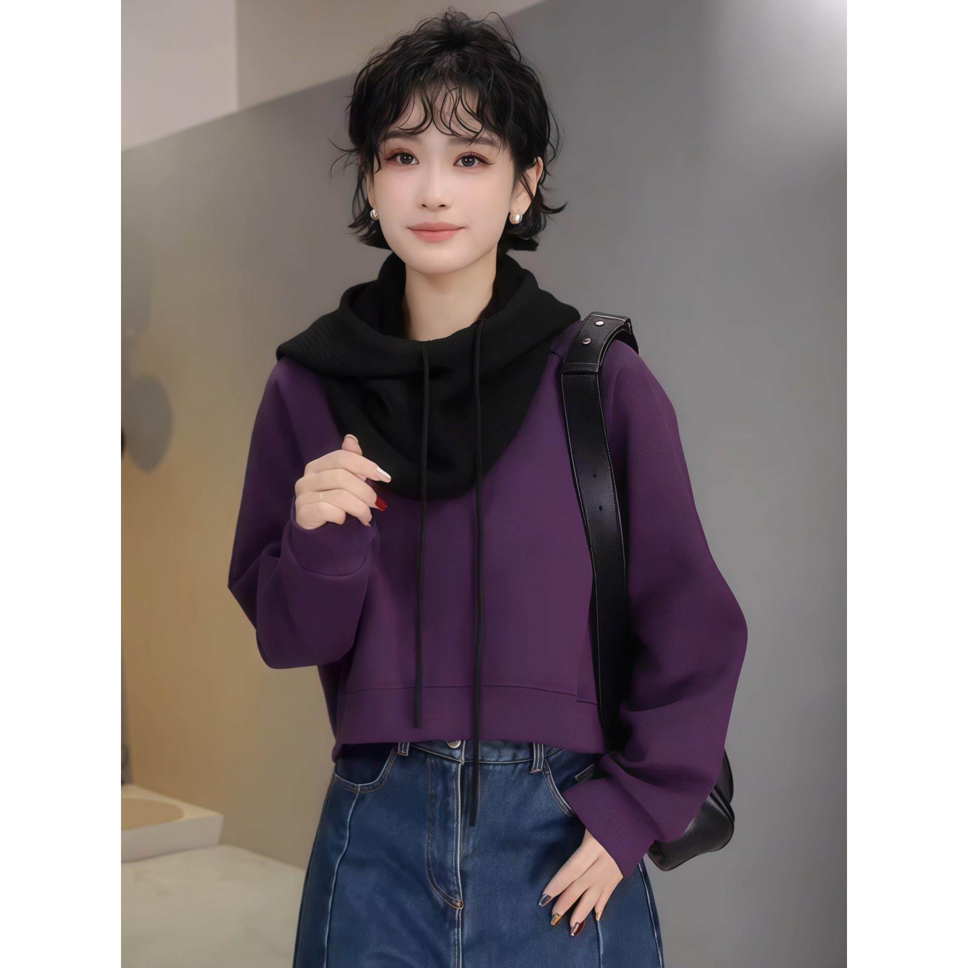 JOYIASS紫色圆领短款卫衣女2025新款秋季小个子前短后长落肩长袖