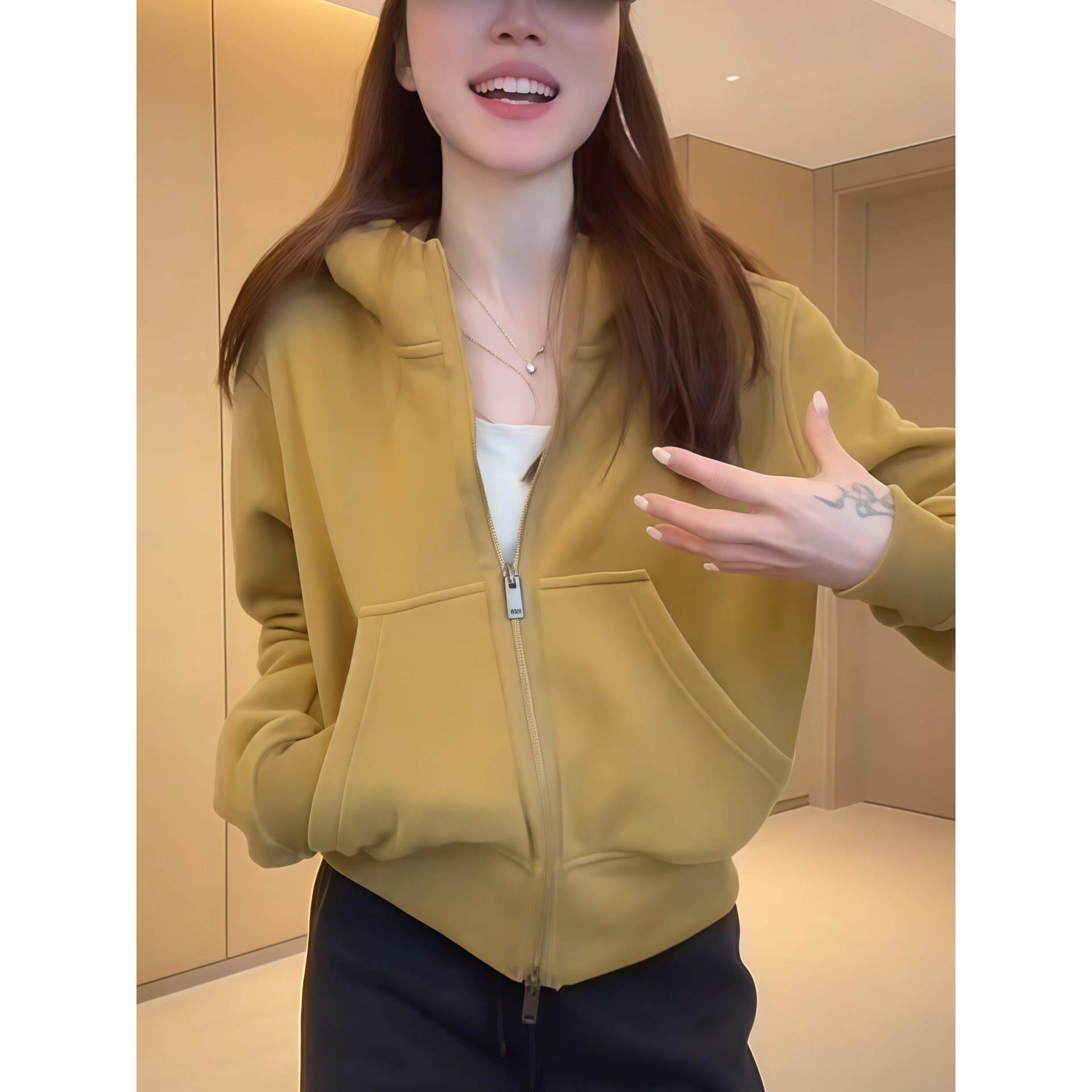 JOYIASS连帽加厚收腰卫衣女2025新款秋季显瘦保暖长袖短外套拉炼
