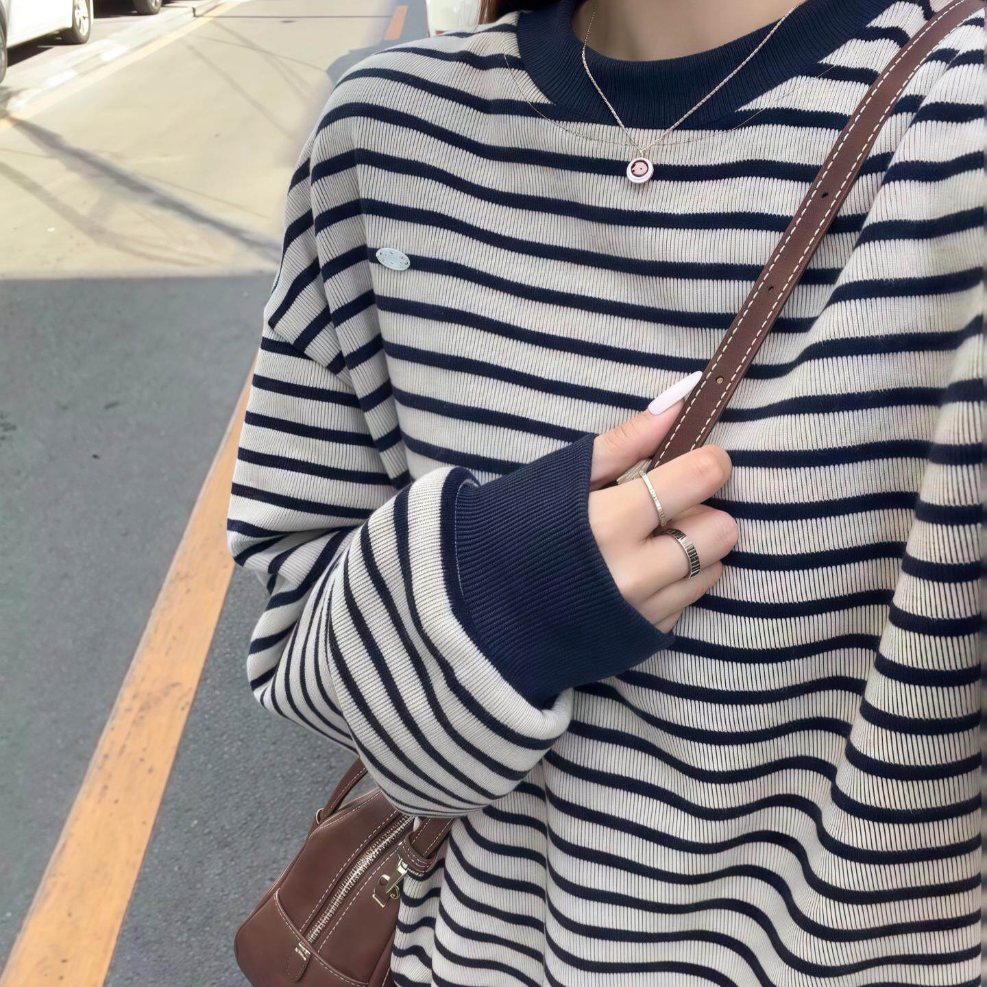 JOYIASS撞色条纹长袖卫衣女2025新款秋季慵懒风宽松圆领无帽套头