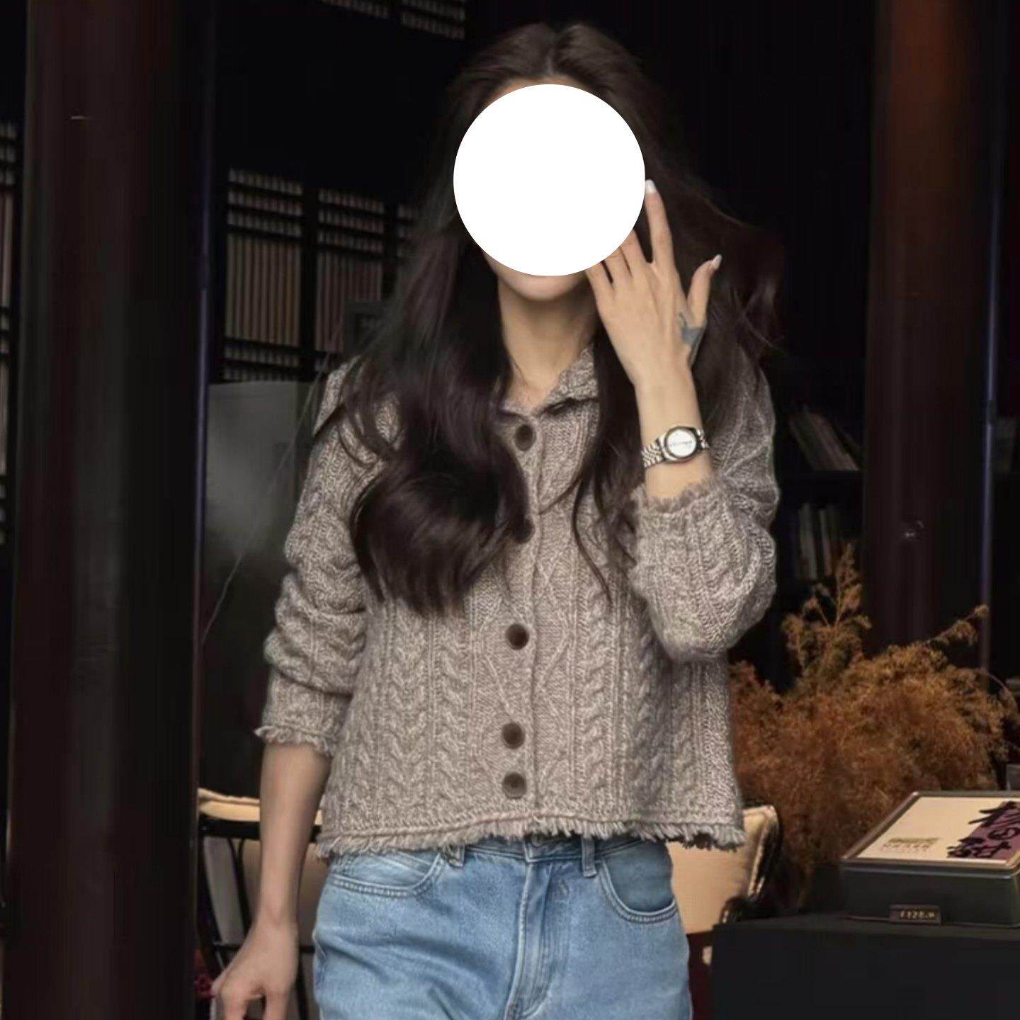 JOYIASS翻领麻花针织开衫女2025秋冬新款老钱风单排扣长袖短毛衣