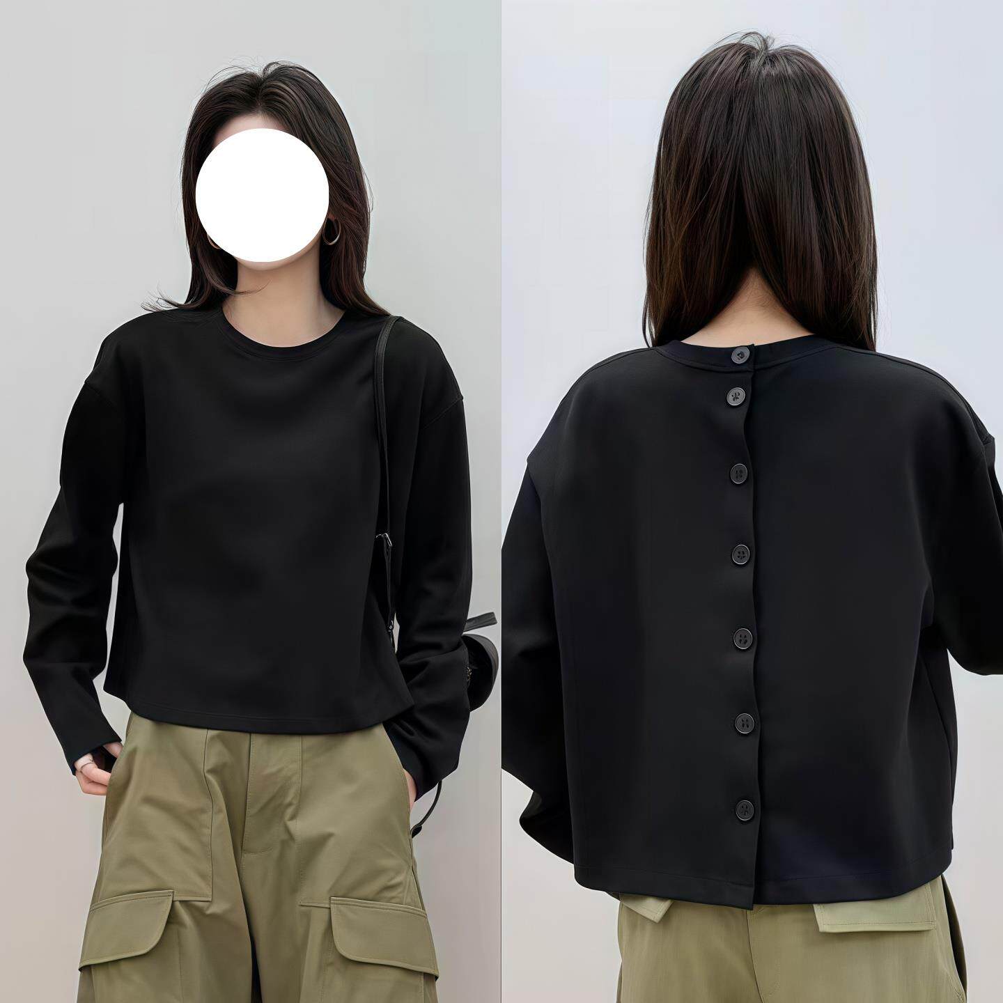 JOYIASS后背排扣圆领短款T恤女2025新款秋季正肩长袖宽松显瘦纯色