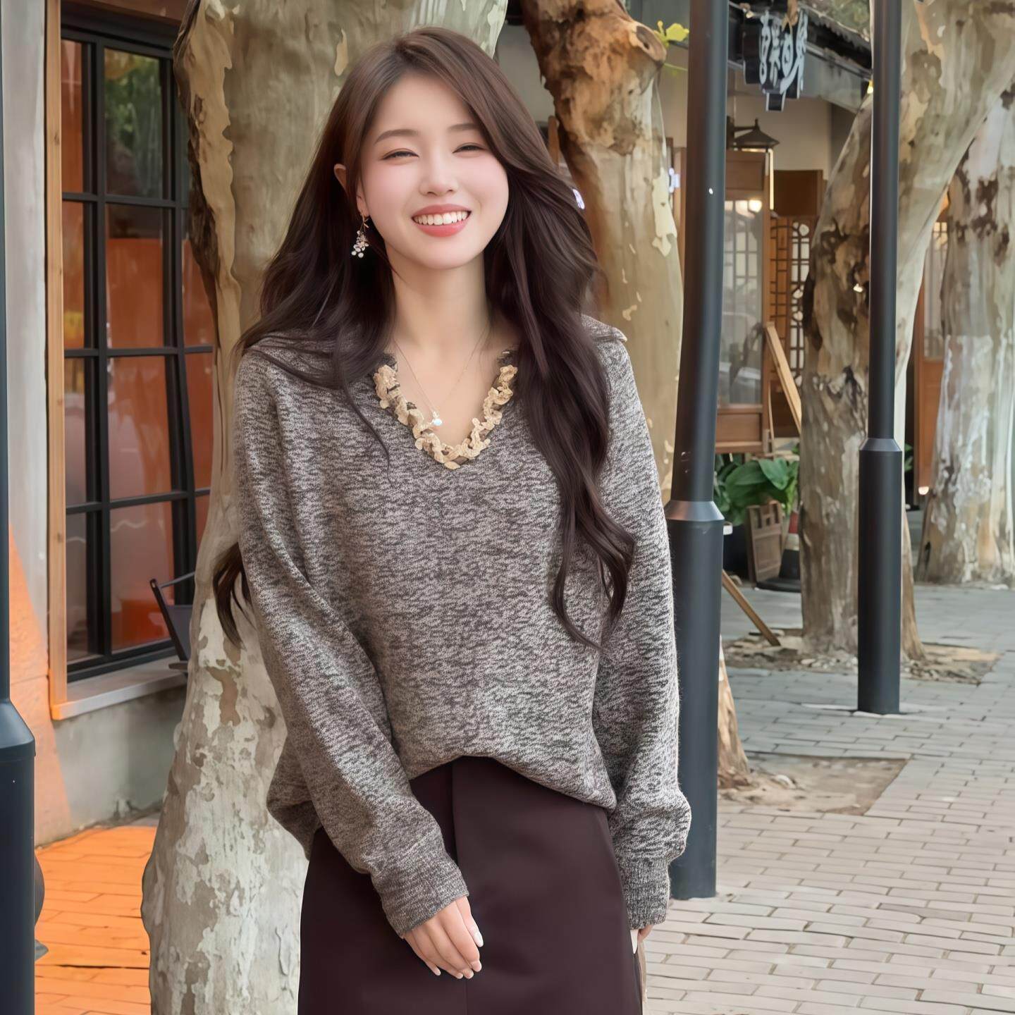 JOYIASS翻V领杂色毛衣女2025新款秋日氛围感软糯长袖针织衫宽松百