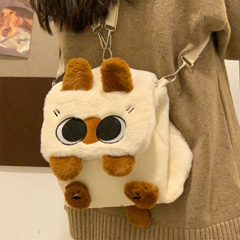 毛绒包包女秋冬小豆泥百搭通勤可爱卡通大学生斜挎包双肩包单肩包