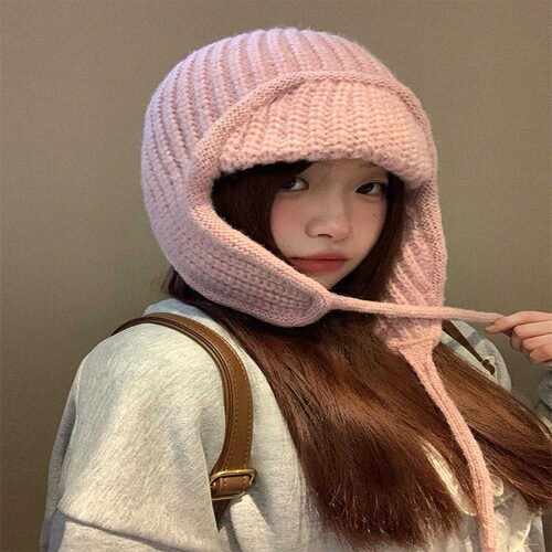 粉色针织毛线帽女2026秋冬护耳飞行帽保暖百搭显脸小滑雪雷锋帽子