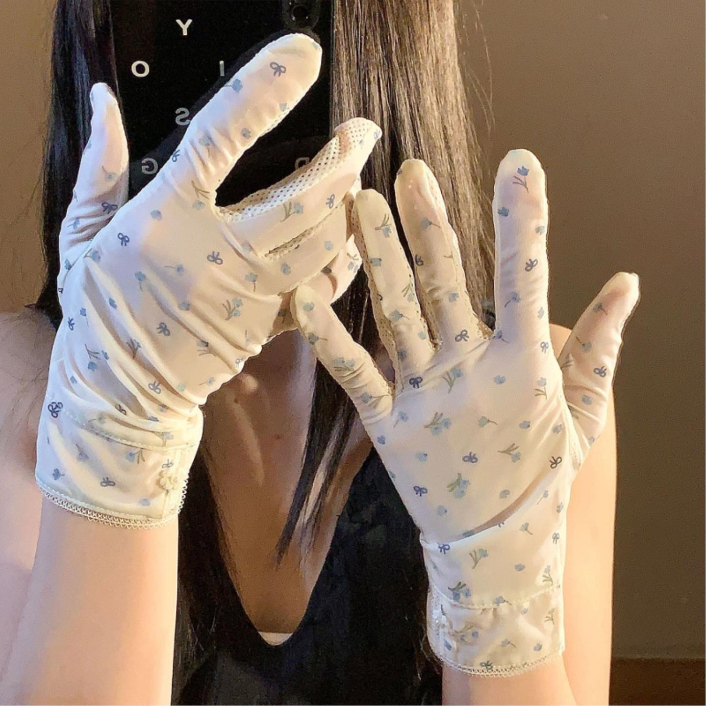 小碎花冰感防晒手套女春夏薄款透气开车骑行防滑触屏防紫外线手套